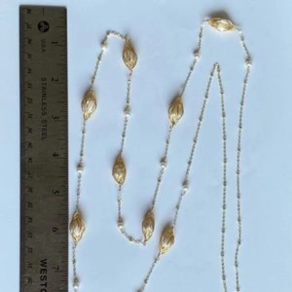 42" White Cultured Pearl Gold Chain Necklace 14K Yellow Gold Plate - Picture 9 of 11